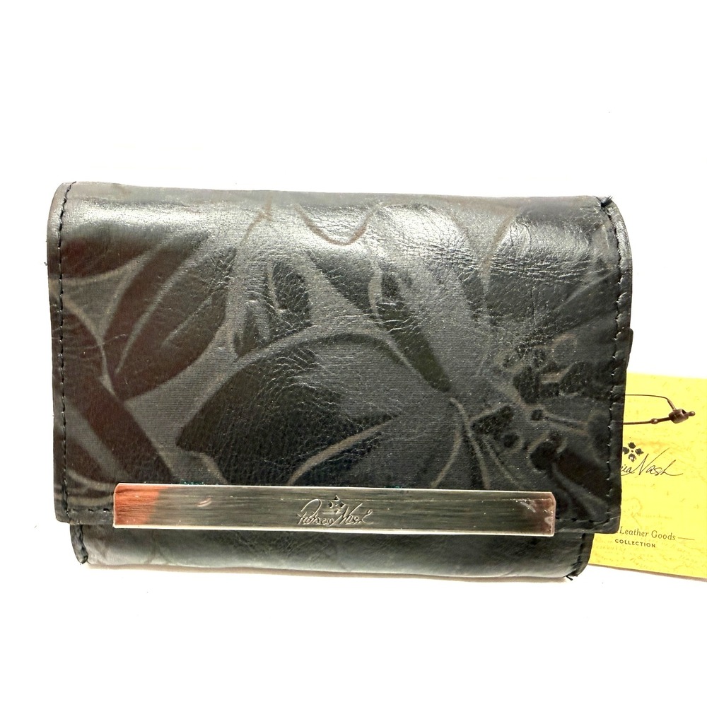 Patricia Nash Oliveri Leather Tri-Fold Wallet W/ RFID  BLACK LASER‎ FLORAL NEW